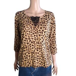 August Silk Size L Leopard Print Black Lace Front 3/4 lightweight sweater